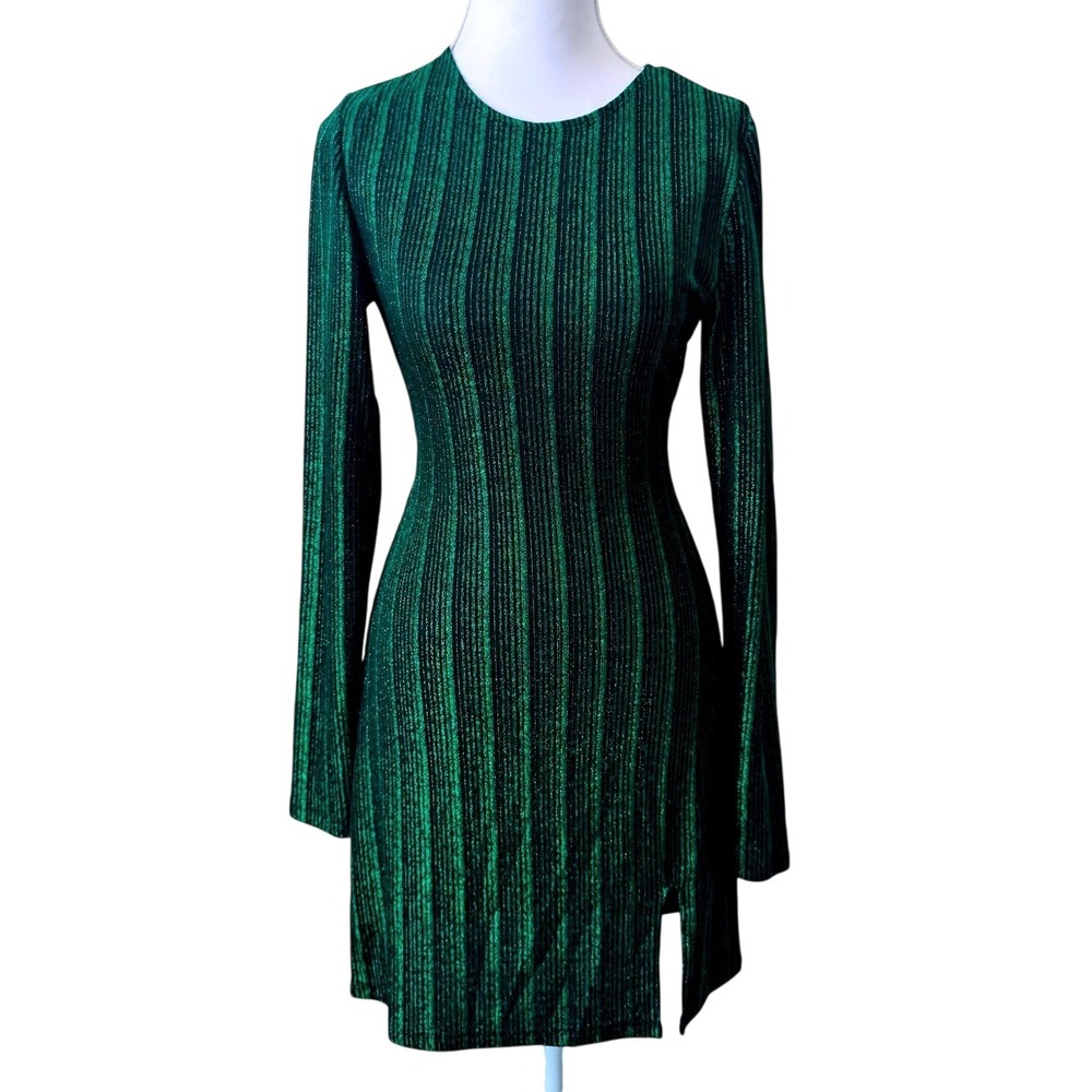 Reformation 80s Style Metallic Mini Dress Ribbed‎ Long Sleeve Side Slit Sz S